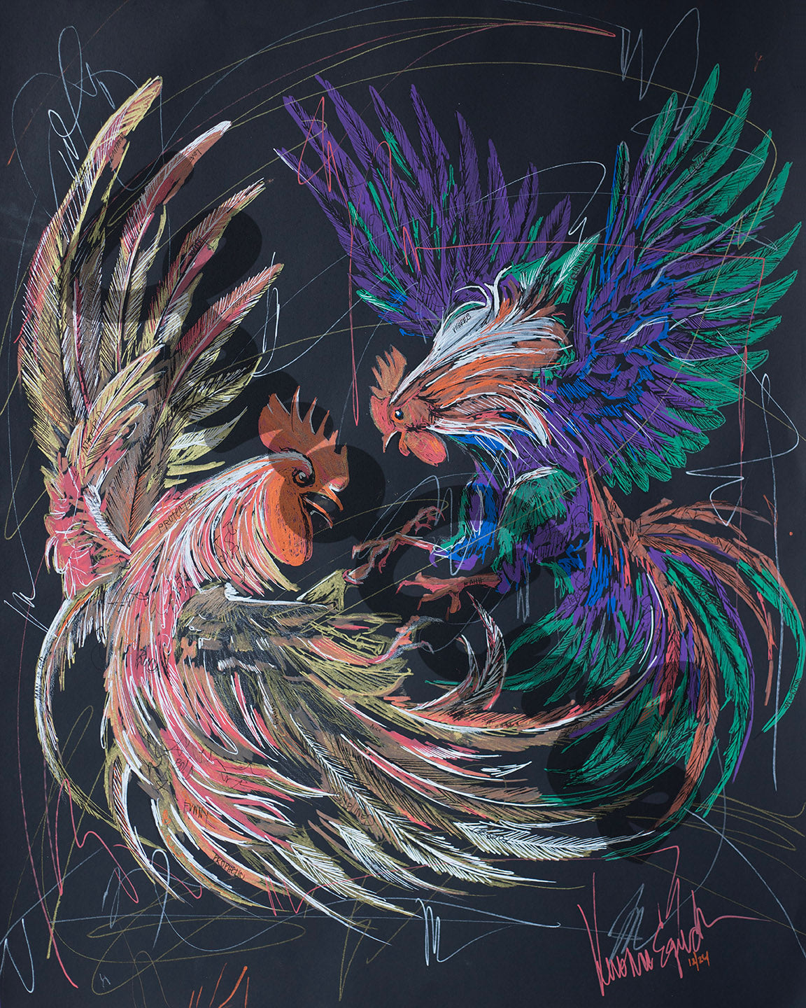 Rooster Fight 18" x 24" original