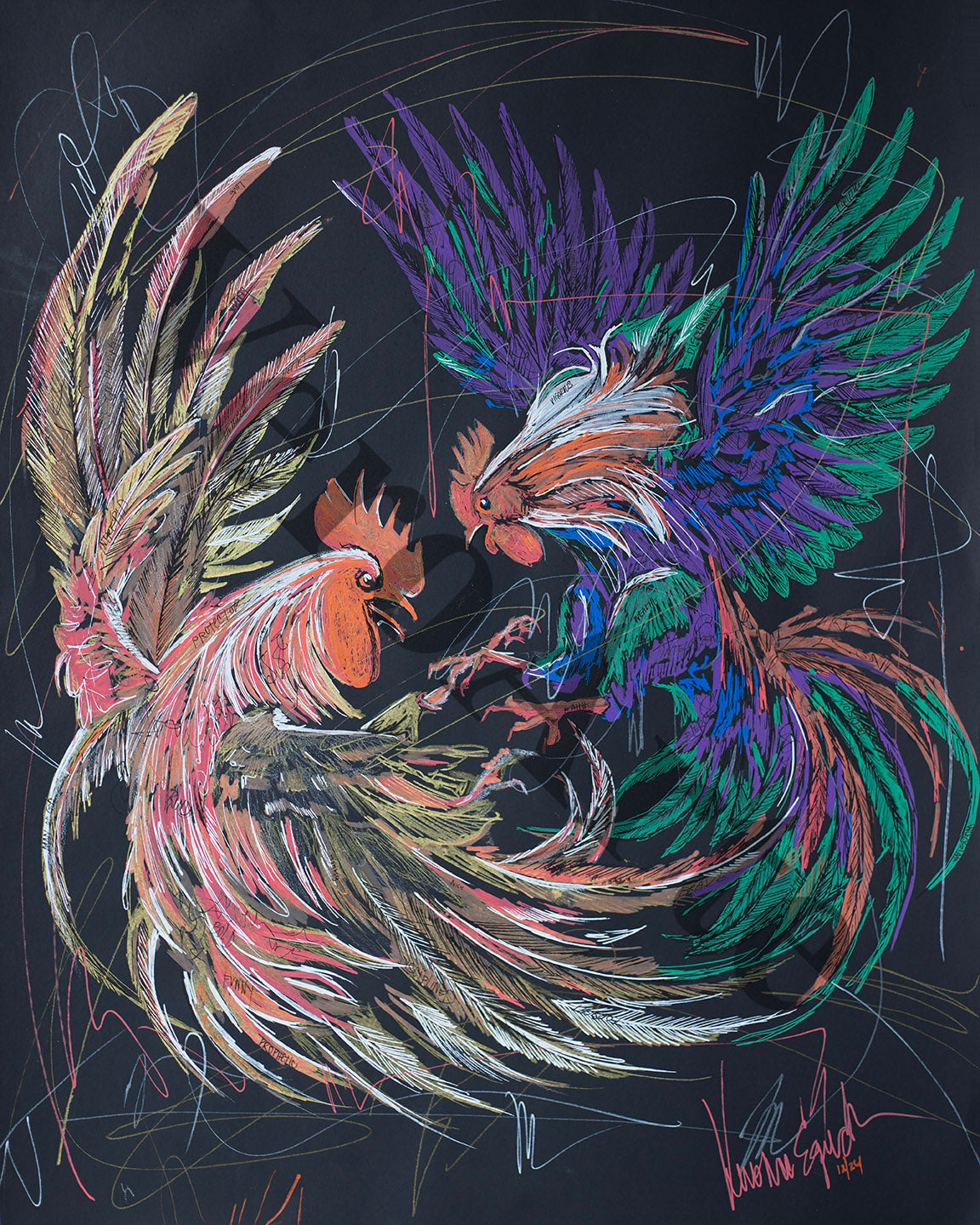 Rooster Fight 18" x 24" original