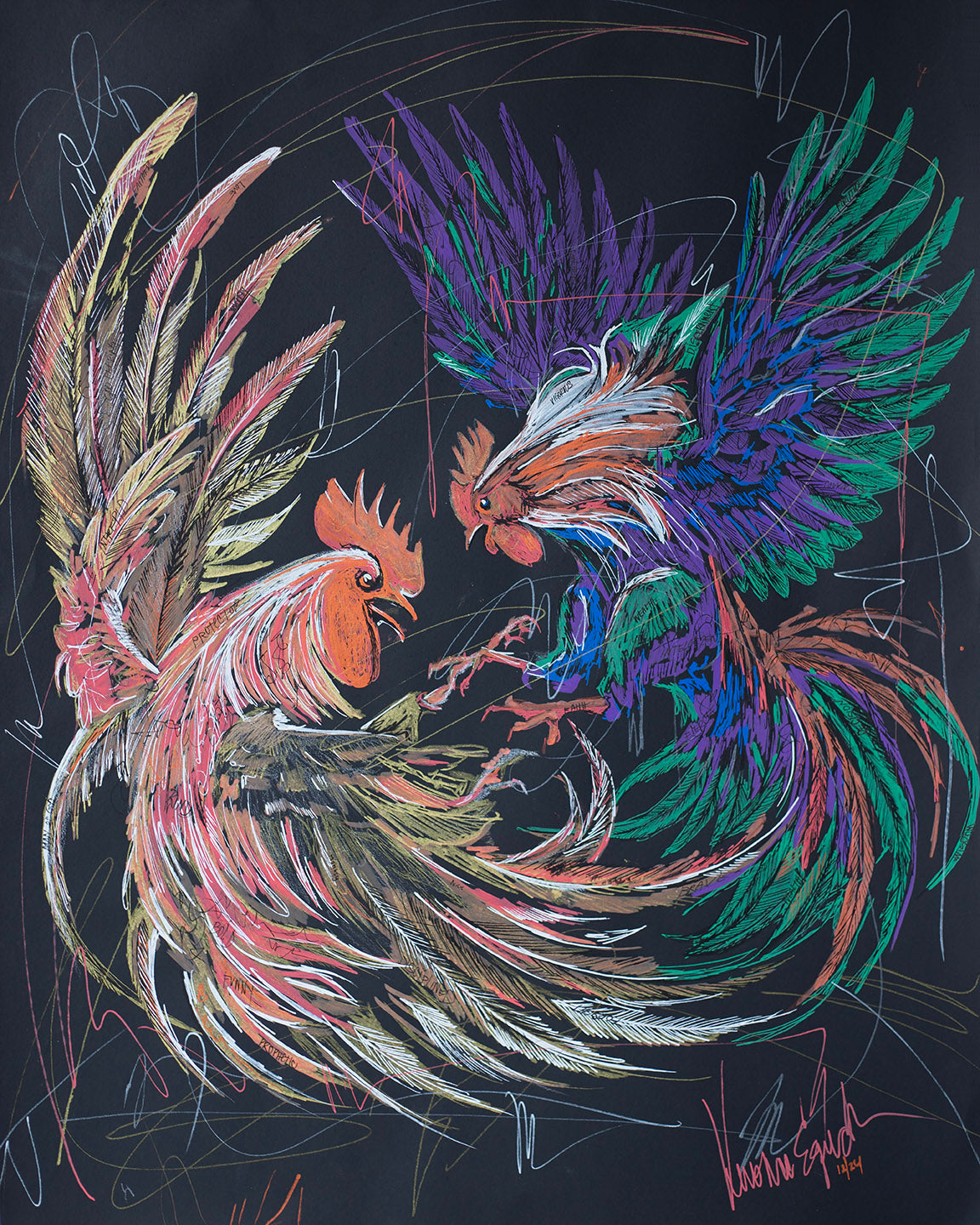 Rooster Fight 18" x 24" original